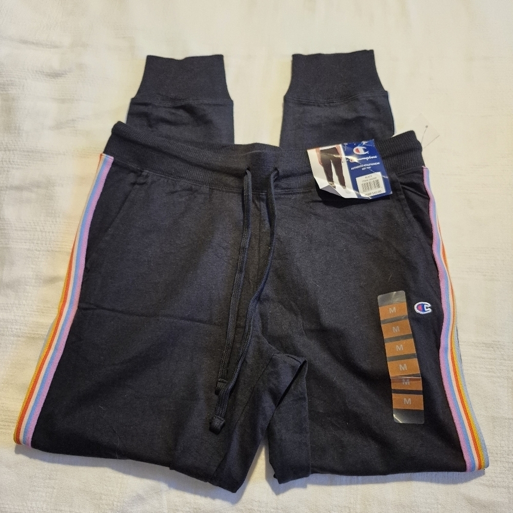Champion women's size Medium black joggers, rainbow stripe on leg, 2 pockets NWT - Picture 3 of 9